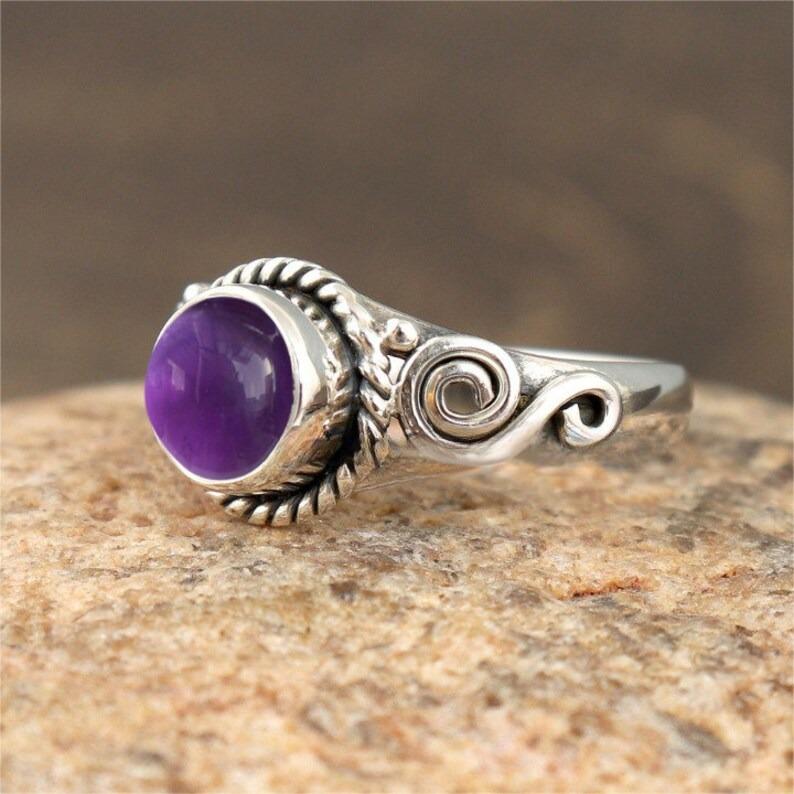 Amethyst Round Gemstone Ring, Solid 925 Sterling Silver Ring, Handmade Ring, Stacking Ring, Birthstone Ring, Silver Jewelry