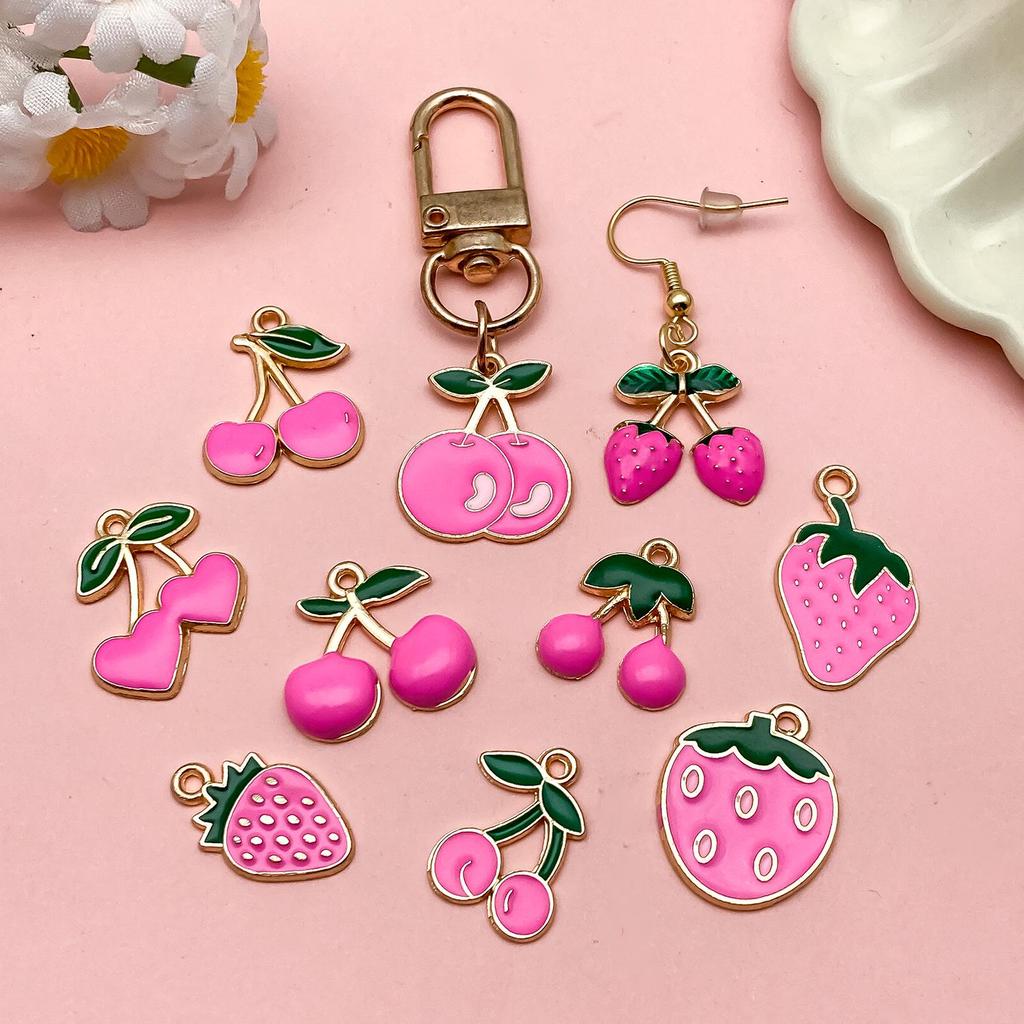 Rose Red Cherry Strawberry Drip Oil Alloy Accessories: Sweet Girlish Heart Earrings and Necklace Pendants.