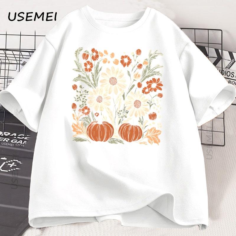 Boho Fall Floral T Shirt Retro Fall Tshirt Autumn Vibes Pumpkin Season Graphic Tee Women Vintage Halloween Women Clothing Tees