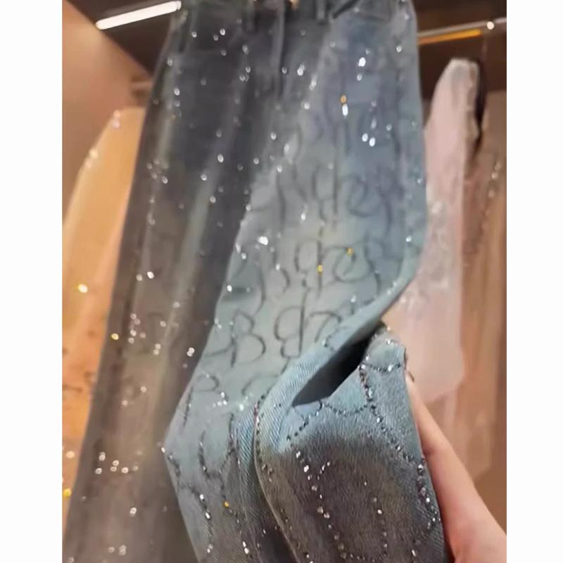 Diamant-Jeans für Damen, glänzende Jeans mit hoher Taille, lockere Jeanshose mit weitem Bein, blaue Wischhose mit Strasssteinen, Streetwear-Modehose