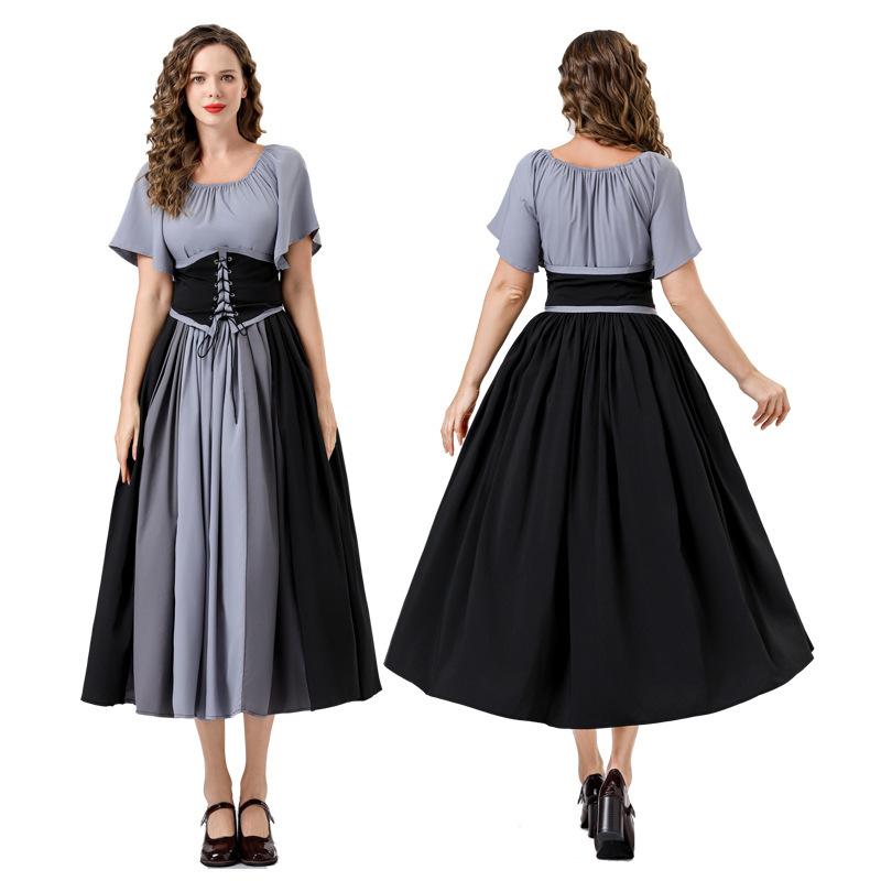 Halloween contrasting splicing retro dress renaissance dress one-word shoulder adult women's medieval dress