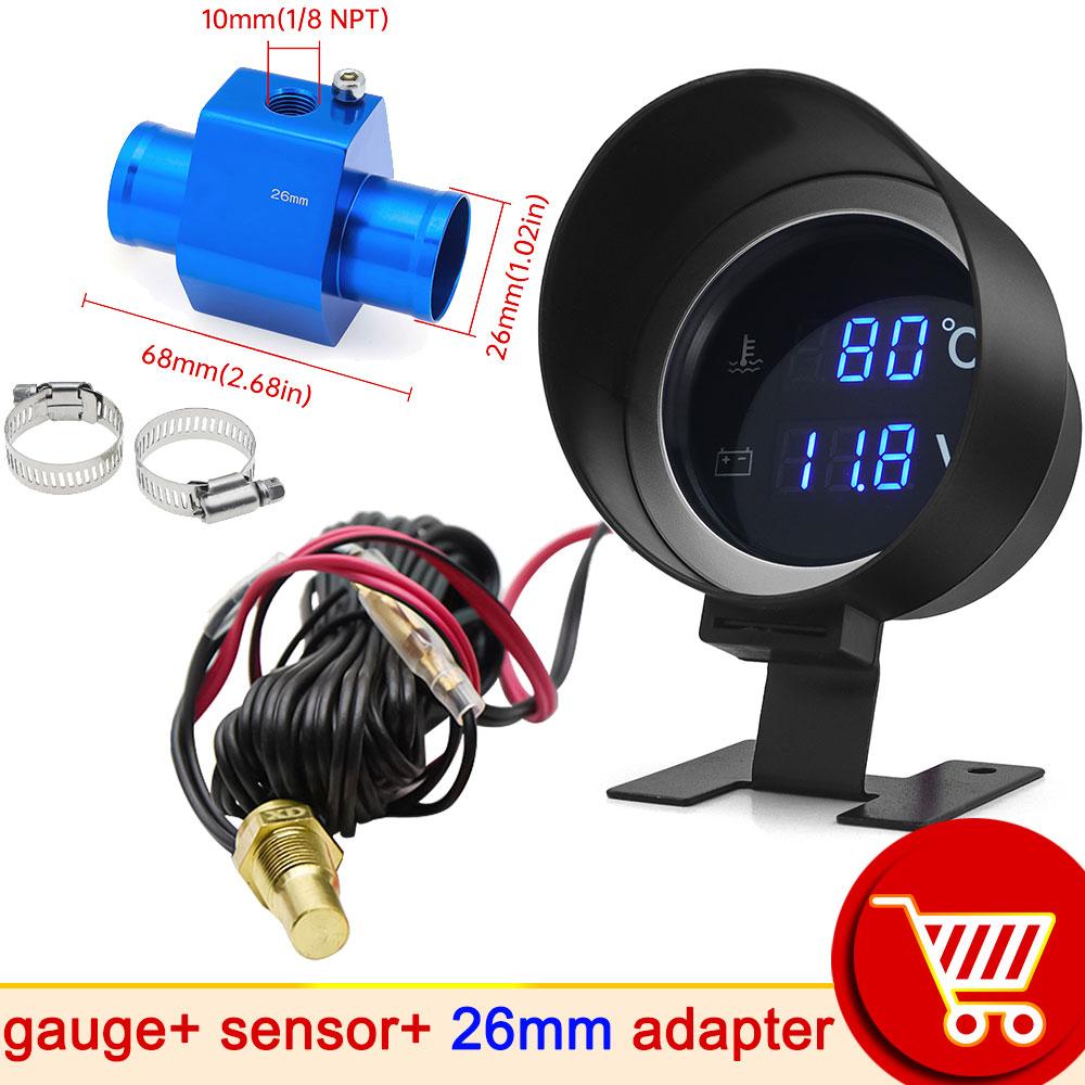 Car Digital Led Water Temperature Gauge -10-110 Celsius With Water Temp Joint Pipe Sensor 10MM Adapter 1/8NPT Voltmeter 2 IN 1