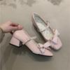 Fairy Wind Cherry Pink Mary Jane Shoes 2025 Summer French Temperament Pearl Bow Square Head Shallow Mouth High Heels