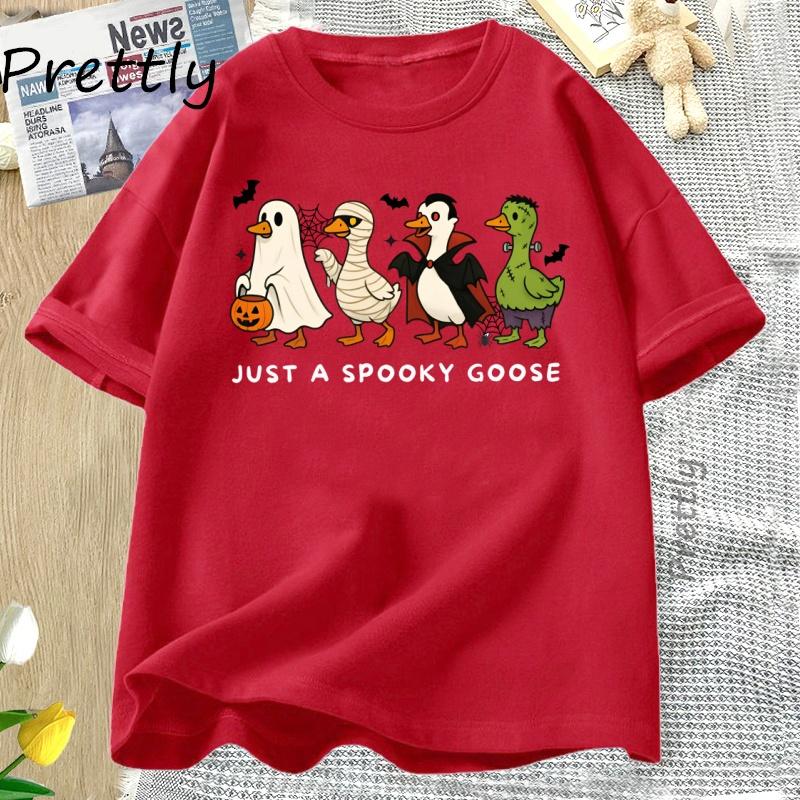 Just A Spooky Goose Halloween T Shirt Funny Short Sleeve Goose in Halloween Cute Horror TShirt Casual Fall Women Unisex Clothes S