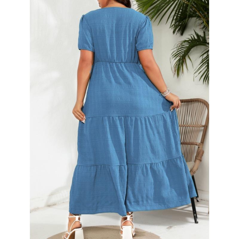 Bubble Sleeve Square Neck Back Drawstring Short Sleeve Pocket Dress
