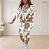 Women Plus Size Round Neck Long Sleeve Printed Highland Cow Fitted Two Piece Pants Set