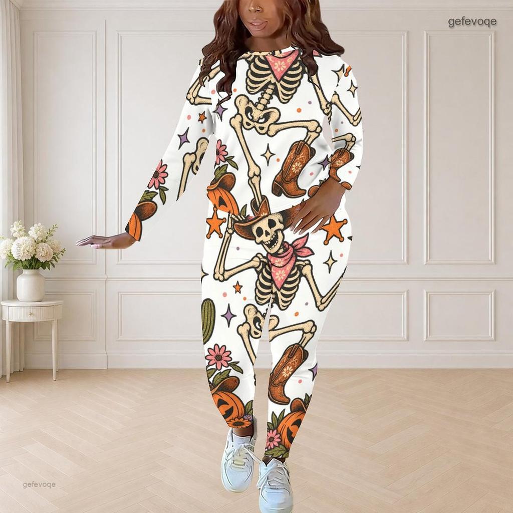Women Plus Size Round Neck Long Sleeve Printed Highland Cow Fitted Two Piece Pants Set