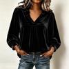 Women's Velvet Pullover Top with V-Neck and Ruffle