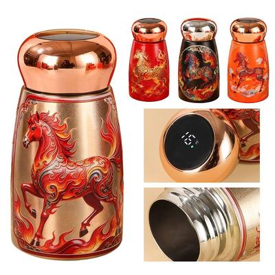 304 Edelstahl Pferd-Jahr Isolierbecher 230ml Auslaufsicher Thermos-Wasserflasche Temperaturanzeige Chinesischer Stil