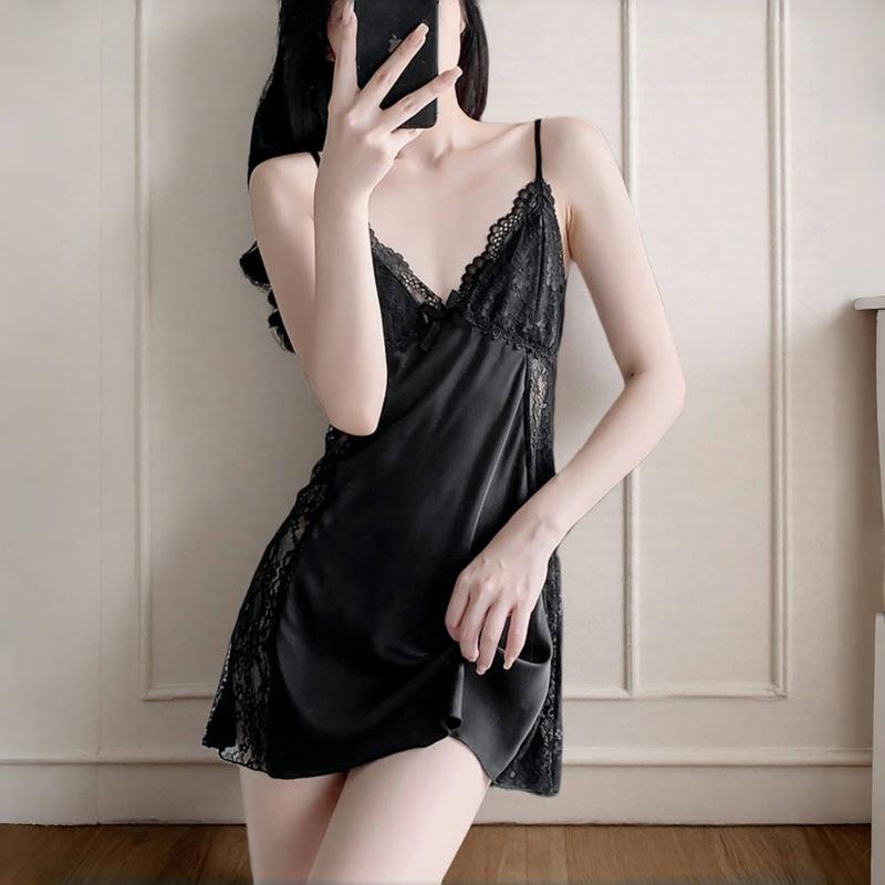 New Female Sexy Nightdress Ice Silk Suspender Thin Pajamas Spring and Summer Lace Lace Dress Live Supply