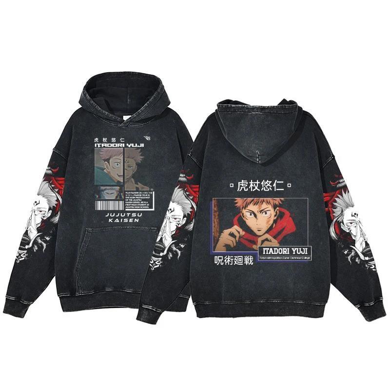 Anime Jujutsu Kaisen Ryomen Sukuna Print Washed Hooded Men Manga Vintage Hoodies Casual Cotton Streetwear Harajuku Sweatshirt