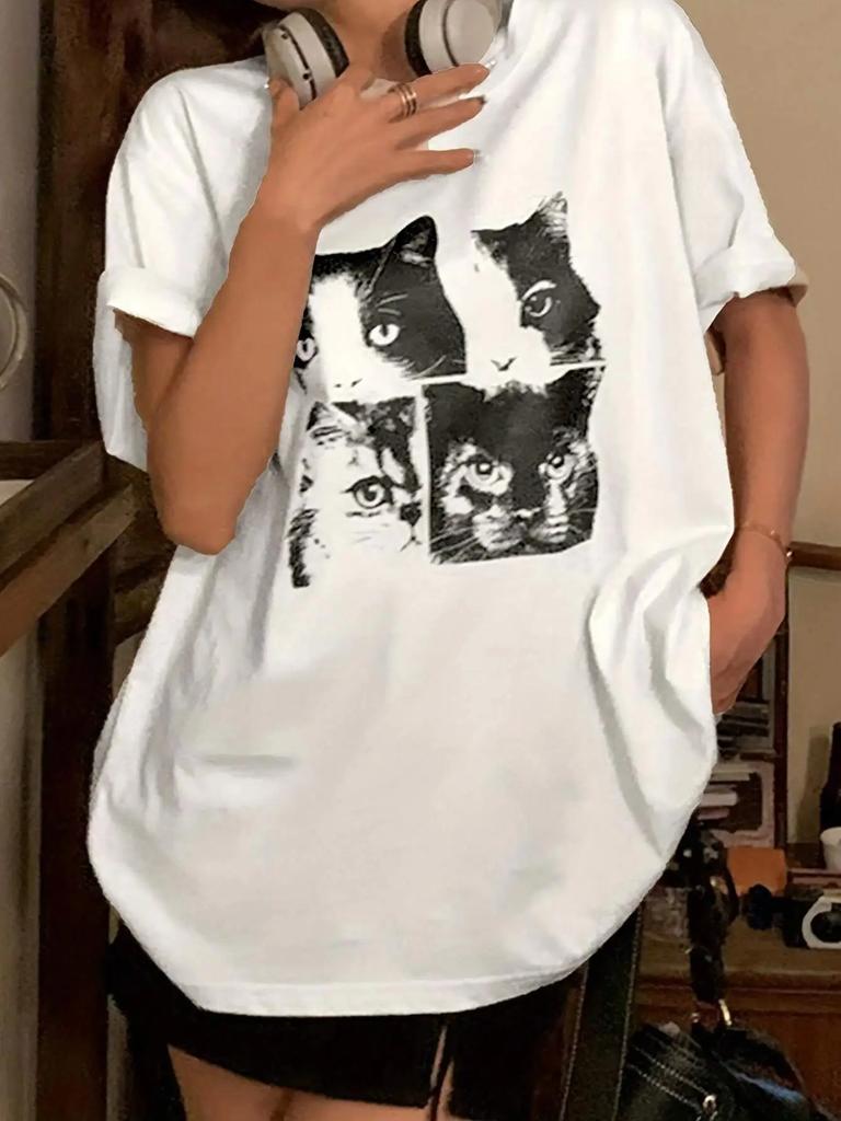 Women T-Shirt Vintage Cat Cute Printing Short Sleeve Tees Summer Street Fashion Tops Casual O-Neck Female Clothes Women Clothes