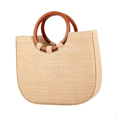 Hand-woven Rattan Bag Cross Body Retro Style with Wood Round Top Handle Summer Beach Handbag Hand