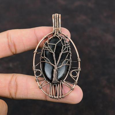 Pendentif en obsidienne argentée arbre de vie, pendentif enveloppé de fil de cuivre, bijoux enroulés à la main, pendentif en pierre précieuse, bijoux en cuivre pour cadeau