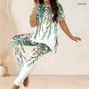 Women Plus Size Floral Printed Round Neck Short Sleeve Long Top And Fitted Pants Two Piece Set