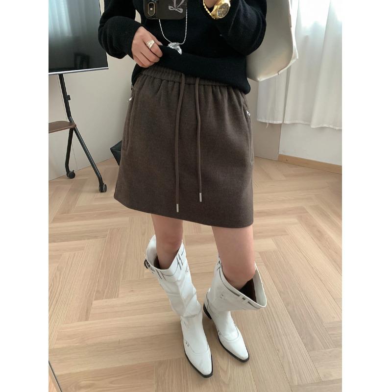 Moqie Winter Petite A-line Woolen Drawstring Short Skirt MQ1064 Small кофейный