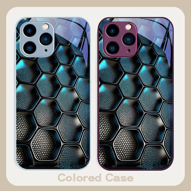 Blue Gradient Grid For IPhone 16 Plus 15 14 13 12 Mini 11 Pro Max X XS XR 7 8 Plus 2022 Tempered Glass Phone Case