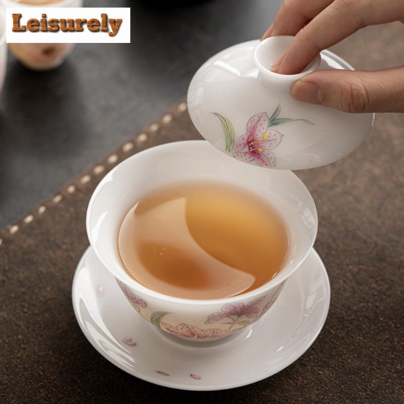 135ml Handbemalter Narzissen Gaiwan Japanischer Weißer Jade Ton Porzellan Teekanne Teekannenabdeckung Schale Trinkzubehör Geschenk