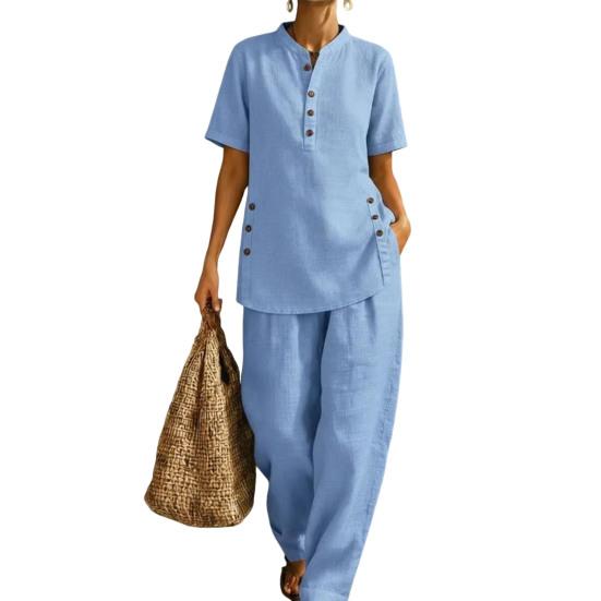 Women's 2 Piece Linen Sets, Short Sleeve Button Up Top And Wide Leg Pants Matching Outfits, Summer Casual Lounge Sets with Pockets