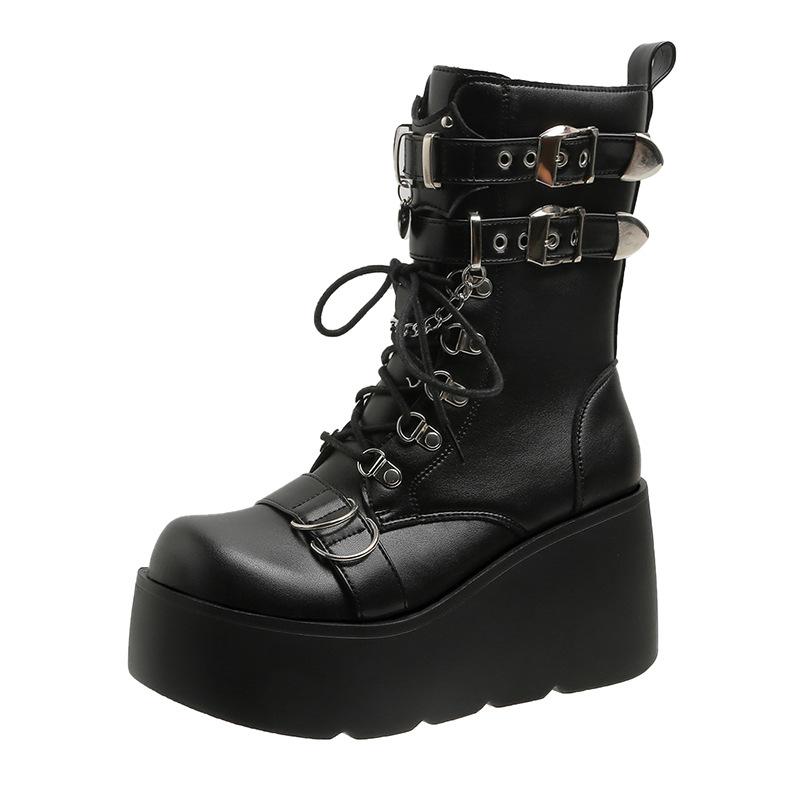 Fashion Punk Style Women's Boots Brand Gothic Long Tube Leather Female Boots Cosplay Ladies High Heels Platform Wedges Womens High Boots