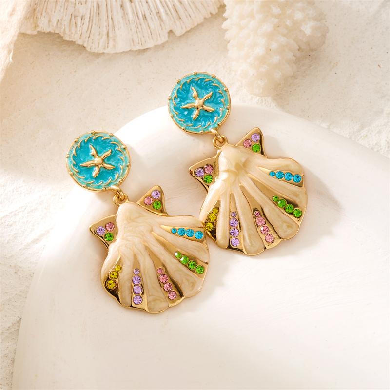 Summer Beach Starfish Shell Pearl Drop Earring for Women Boho Colorful Enamel Ocean Dangle Earring Vacation Jewelry  Accessories