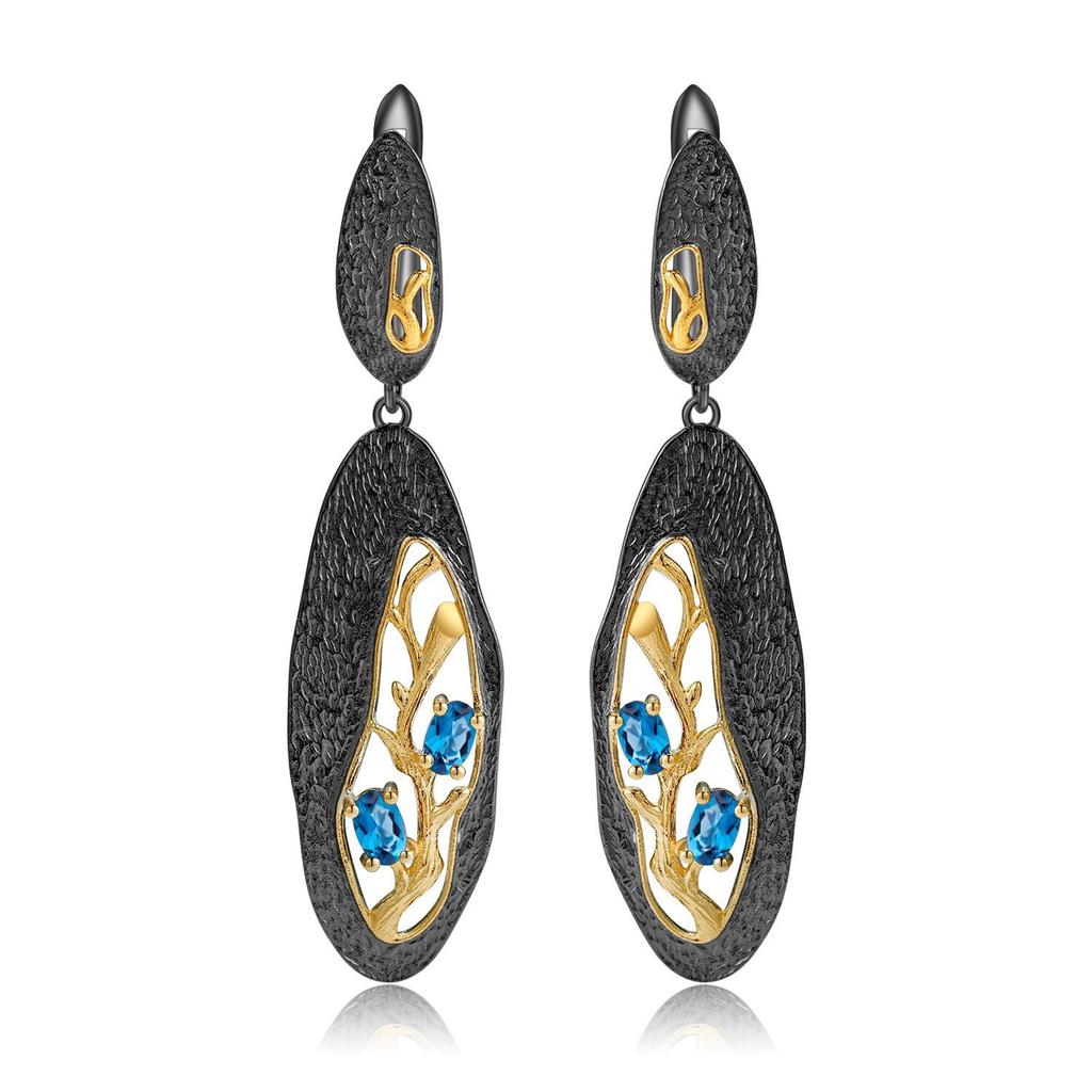 Oryginalne designerskie kolczyki umieszczone pomiędzy gałązkami, wysokiej klasy kolczyki wkrętki ze srebra s925 z naturalnym różem i granatem