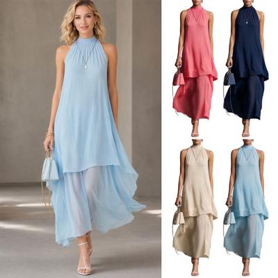 Women's Flowy Chiffon Maxi Dress, Halter Sleeveless Wedding Guest Dress, Asymmetrical Hem Summer Formal Evening Party Cocktail Dress