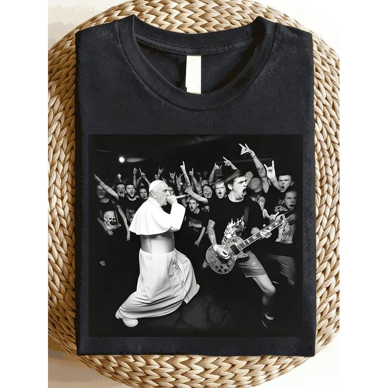 2026 Neues Amerikanisches Street Religiöses Metall-T-Shirt mit einem Dreifachnaht-Gewaschenen Schwarzen Design und einem Live-Visuellen Druck der Band The Pope. ZU