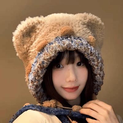 Ear Protection Bear Ear Plush Hat Fluffy Beanies Cap Personality Winter Warm Hat  Cycling