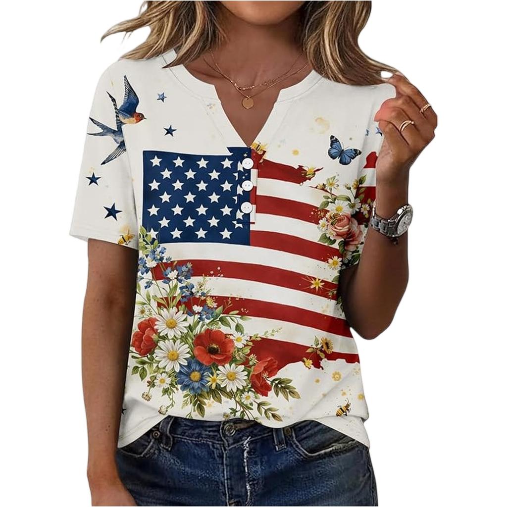 Women’s Short Sleeve Henley Neck T Shirt with Flag and Floral Print Button Casual Loose Fit Top