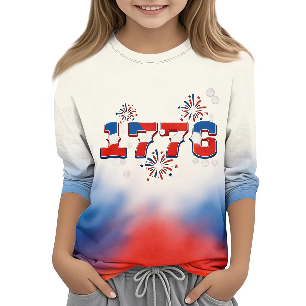 Children's 3/4 Sleeve Tops Casual Print T Shirt Round Neck Pullover Blouse