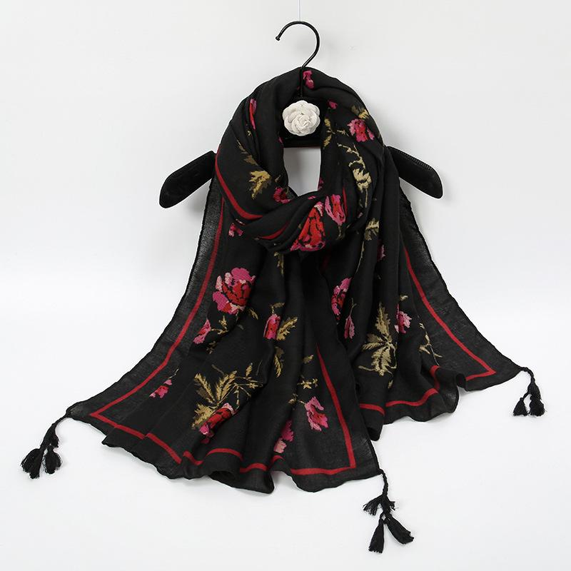 Stort Boho skjerf for kvinner Lett blomstertrykkskjerf Høst Vinter Mote Frynsede sjalomslag, 60 farger