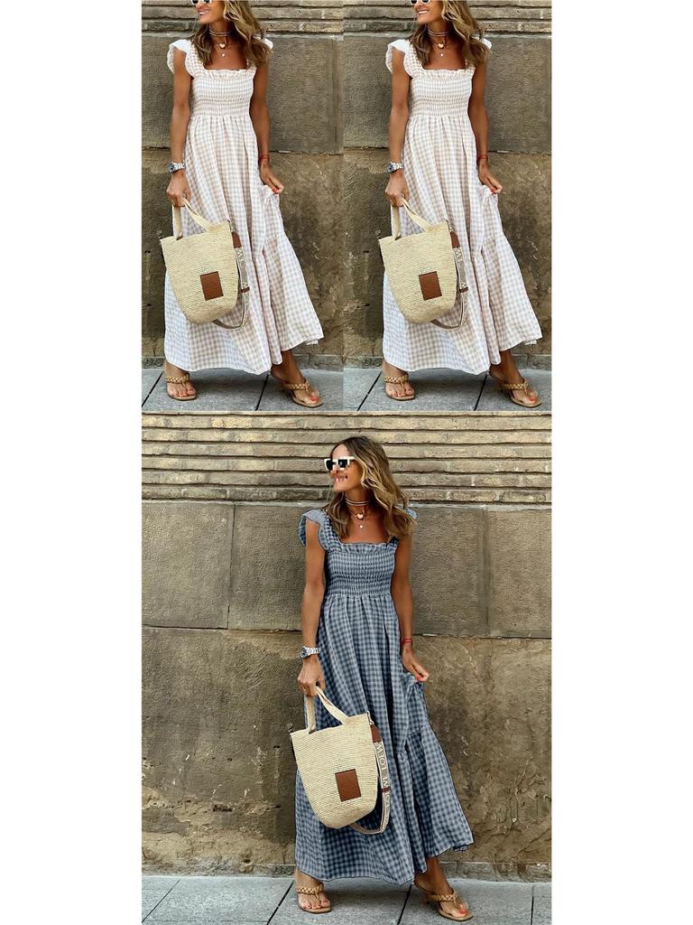 European American Women's Retro Plaid Sleeveless Maxi Dress with Thin Straps & Ruffles
