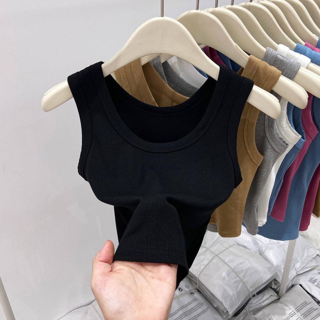 White Cover Double Breasts I-shaped Vest Women's Outer Wear Elastic Thread Inner Top Spring and Summer Basic Sleeveless Suspenders