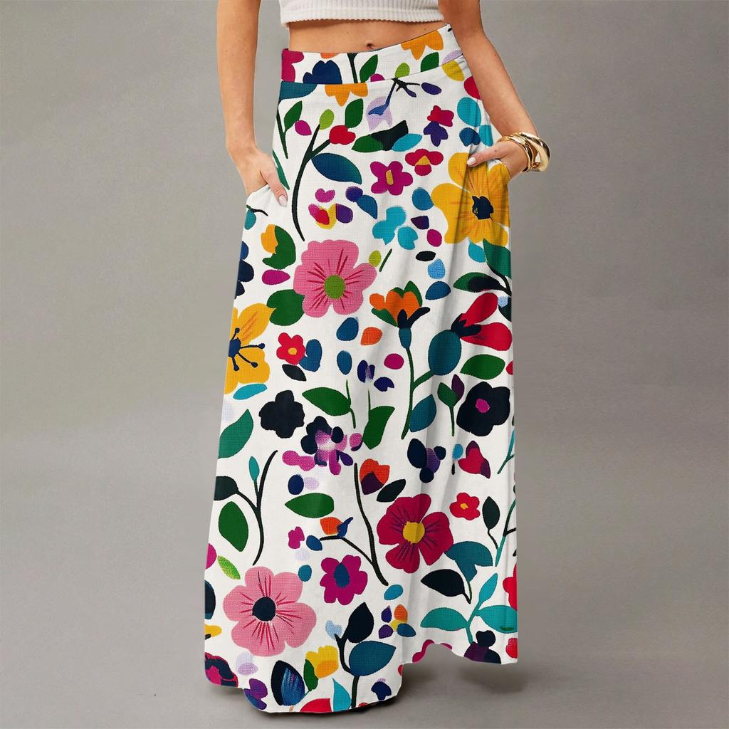 Women's Casual Leisure Foldable Floral Print High Waist With Pocket Draped Relaxed Long Maxi Skirt