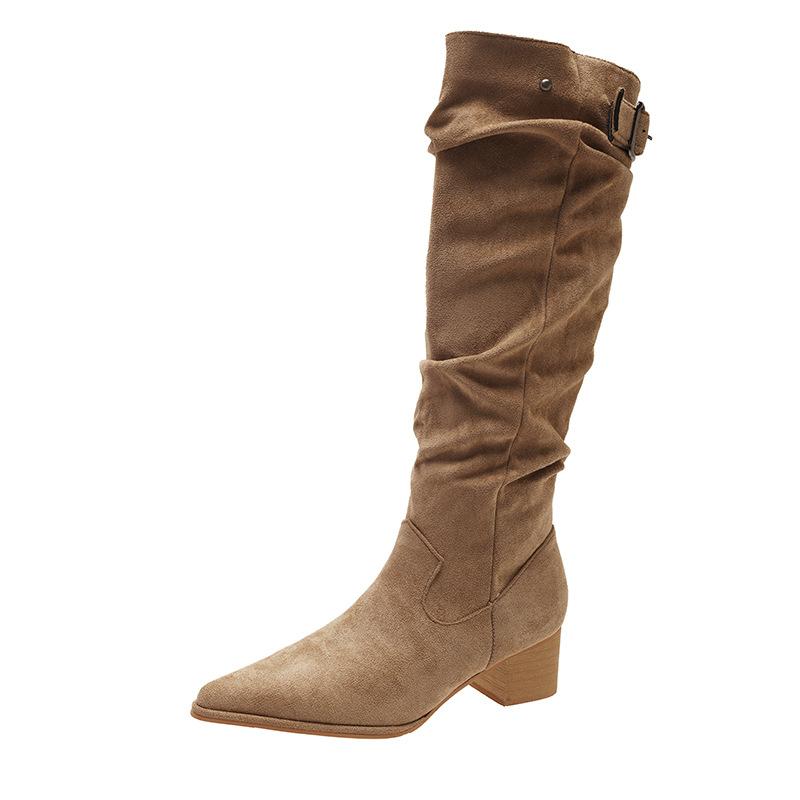 

Популярный стиль большой обхват голенища ковбойские сапоги из коровьей кожи новые универсальные с острым носком с отделкой внахлест пряжка на ремне толстый каблук высокие сапоги женские 39 хаки