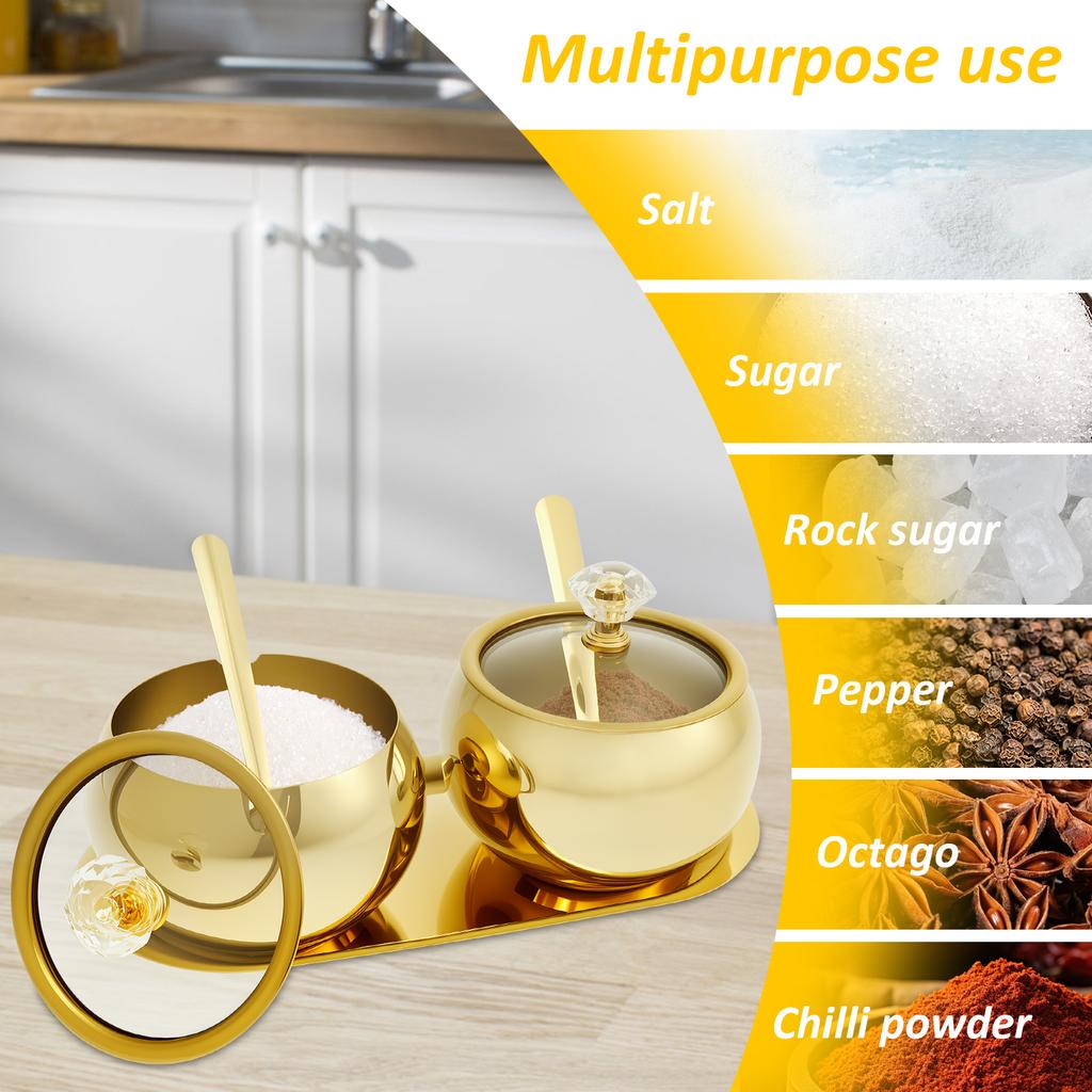 8.79oz Sugar Jar Stainless Steel Seasoning Jar with Glass Lid and Spoon Gold Spice Jar and Serving Tray Seasoning Container