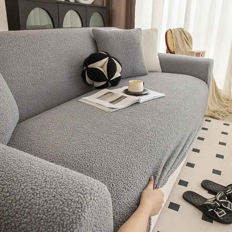 Solid Color Teddy Velvet Warm Sofa Cover High Elastic Thick Corner Couch Covers for Winter Anti-Scratch Pet Friendly Sofa Pad