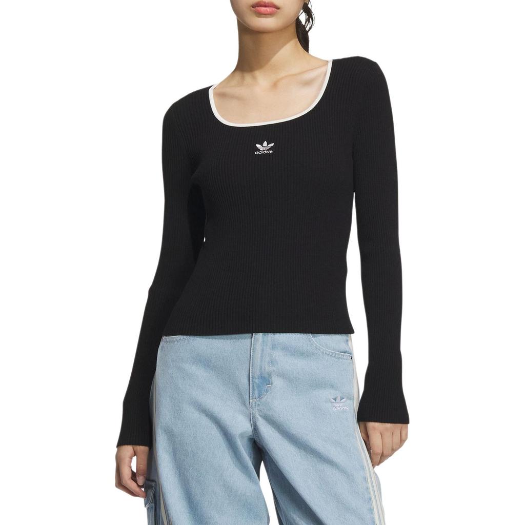 Adidas Kolekce Originals Adicolor Podzim Zima 24 Logo Přiléhavý Čtvercový Výstřih Dlouhý Rukáv Pletený Top Dámské topy Černá JM8052