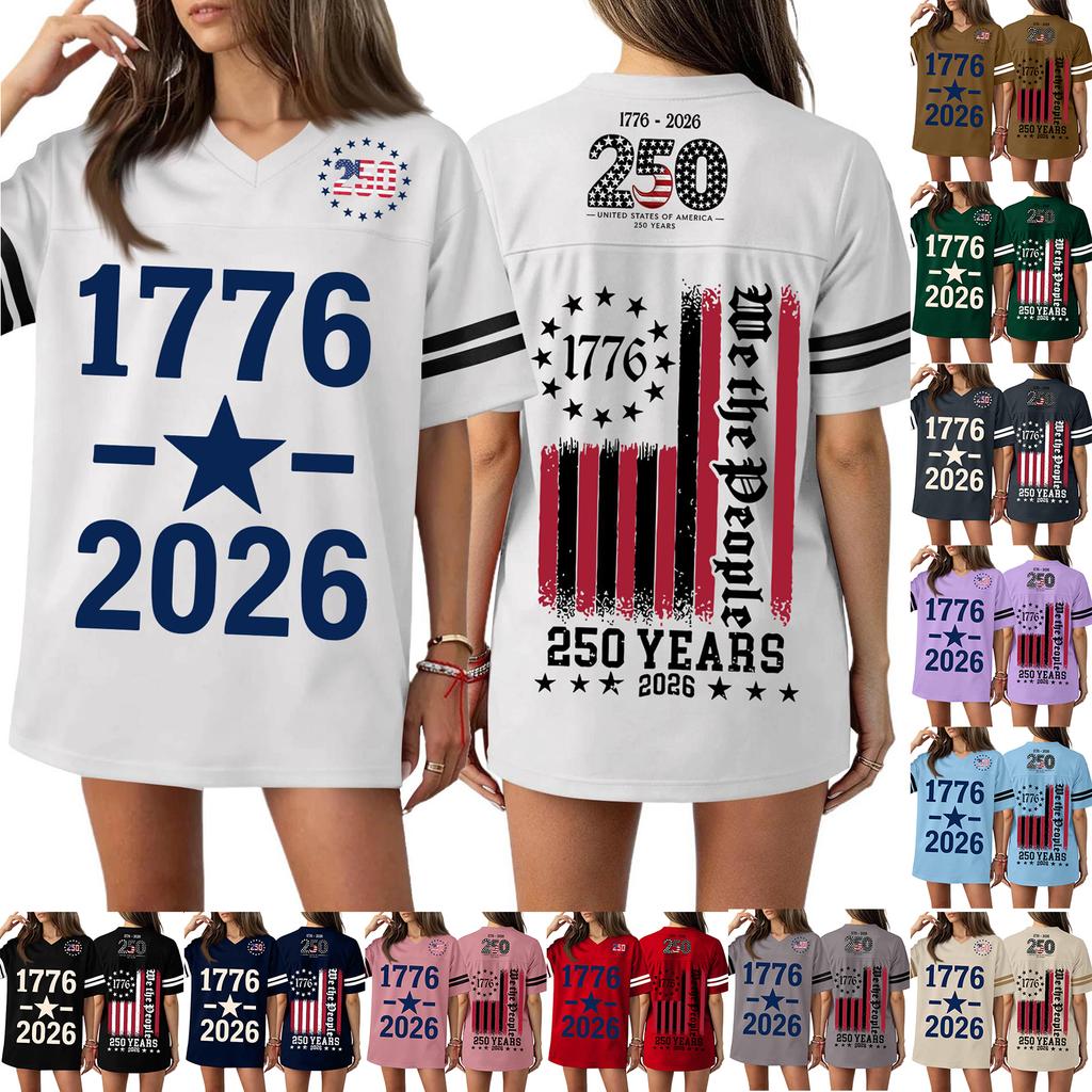 Women V Neck Casual Loose Fit Sports Jersey Top with 250th Anniversary Print Short Sleeve Independence Day Shirt