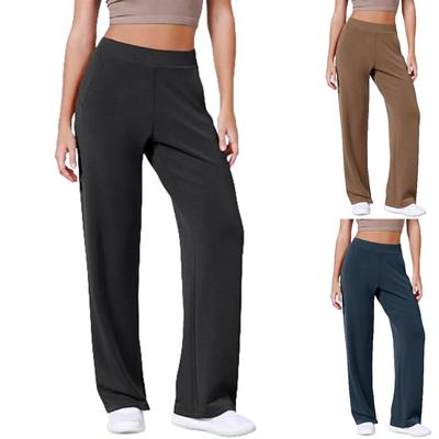 Calça feminina elástica cintura alta casual ajuste ativo perna larga calças compridas calças com bolsos