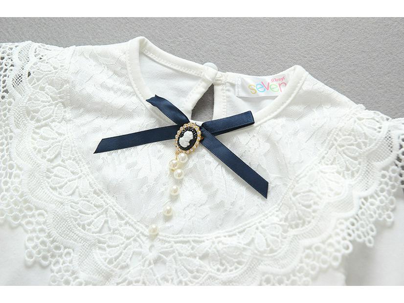 Girls' Spring & Autumn Korean Style Lace Beaded T-Shirt Top