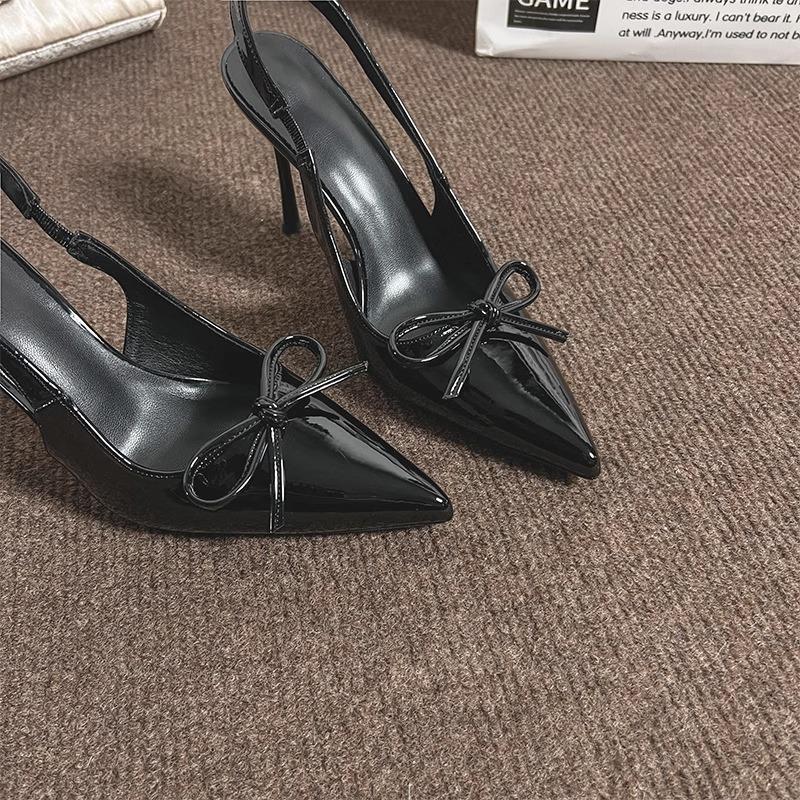 High heels women's summer 2025 new sexy pointed head burgundy bow bag head thin heel French sandals women