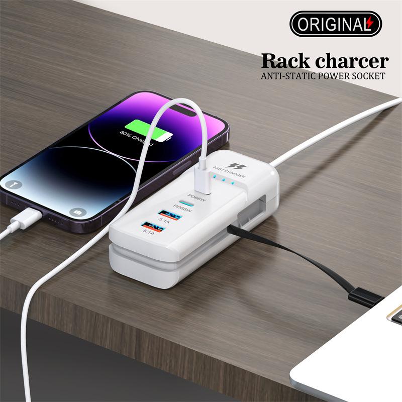 66W PD Fast Charging Wall USB Chargers USB Hub Adapter 4 Ports USB Type C EU US UK Plug Extension Type C Cable Socket Outlet