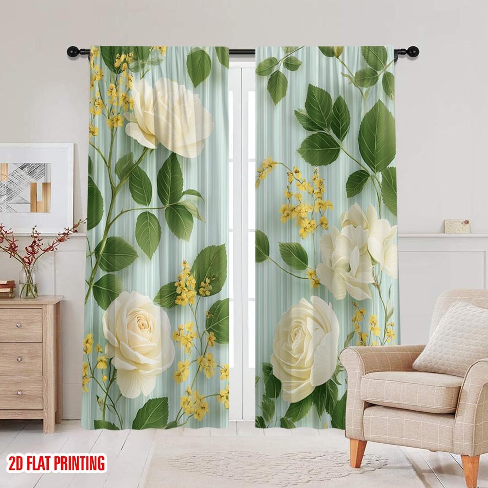 2pcs 2D Flat Printing Scene Curtain White Roses Floral Digital Printed Polyester Drapes Festive Wall Decor Perfect for Festive