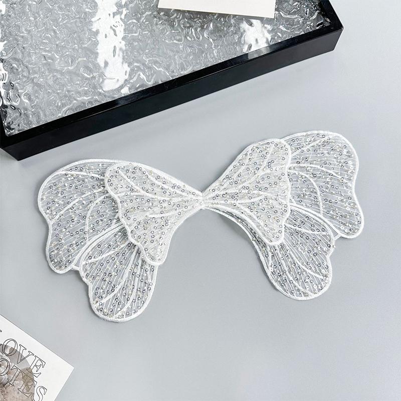 2pcs Sequin Beading Organza Embroidery Bow Lace Patches Butterfly Sewing Appliques Sew On for Women's Clothing Wedding Gown
