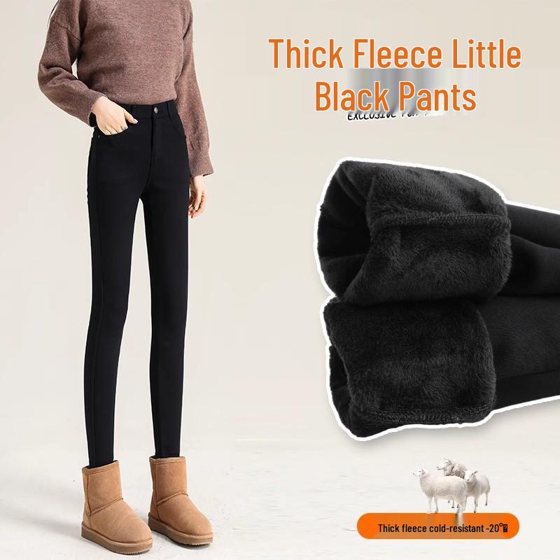Damen Winter Fleecegefütterte Schwarze Leggings - Dicke Lammfleece Baumwolle, Slim Fit, Herbst/Winter 2025 Stil