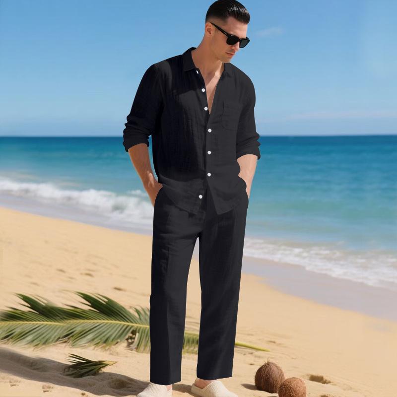 Europäischer & Amerikanischer Leinen Herbst Herren Freizeitanzug: Hemd mit lockerem Revers & Langarm-Strandhose