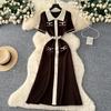 Elegant Slimming Spliced Single-breasted Knit Dresses for Women Lapel Short Sleeves Patchwork Sweater Dress Female