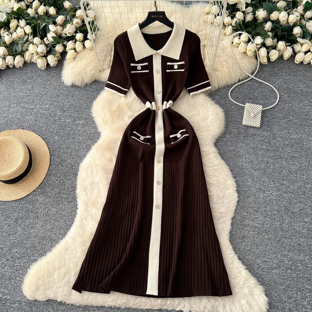 Elegant Slimming Spliced Single-breasted Knit Dresses for Women Lapel Short Sleeves Patchwork Sweater Dress Female